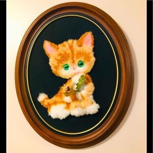 Vintage Kitten wall hanging handmade felted artwork orange tabby cat oval frame